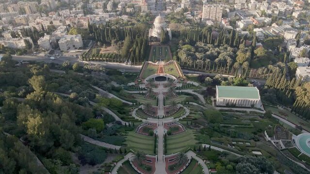 An aerial shot of the Bahai Gardens in Israel. The Bah&aacute;ʼ&iacute; Terraces, or the Hanging Gardens of Haifa, are garden terraces on Mount Carmel in Haifa, Israel.