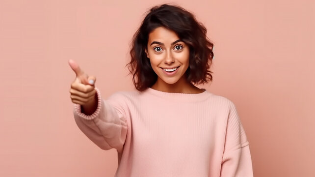 young excited girl indicate finger  isolated over pink background, generative AI tools 