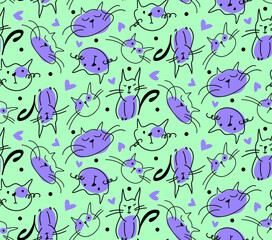 Abstract Hand Drawing Cute Cats Hearts and Dots Doodle Seamless Vector Pattern Isolated Background