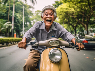 Fototapeta na wymiar The photograph captures the essence of happy old age as the grandfather gleefully rides a scooter in the park. With a joyful expression, he embraces the freedom and youthful spirit Generative AI