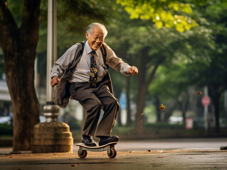 The photograph portrays the joyous old age as the grandfather skates happily in the park. With a radiant smile, he embodies a youthful spirit and showcases that age is no limit to Generative AI