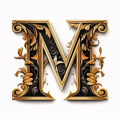 Gothic font letter m with black and gold trimming