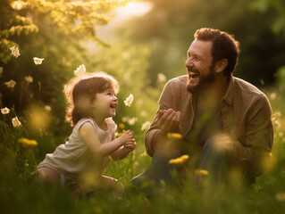 The photograph captures the beautiful scene of a happy father engaged in playtime with his child. The joy and love between them are palpable as they laugh, bond, and create lasting Generative AI
