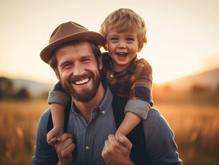 The photograph captures the heartwarming moment of a happy father joyfully giving his child a piggyback ride. The bond between father and child is evident as they share laughter an Generative AI