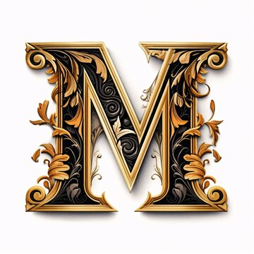 Gothic font letter m with black and gold trimming