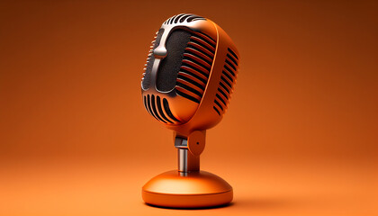 A microphone set against an orange and black backdrop, Generative AI