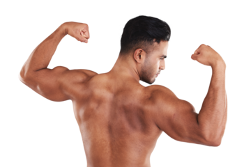 Muscle, bodybuilder and strong man flex for body motivation isolated on a transparent, png background. Muscular, young male and showing arms or biceps with pride for fitness for wellness from back
