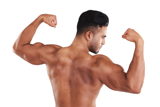 Muscle, bodybuilder and strong man flex for body motivation isolated on a transparent, png background. Muscular, young male and showing arms or biceps with pride for fitness for wellness from back