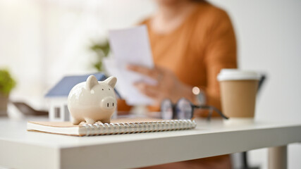 Close-up image of a piggy bank is on table with a female real estate agent working behind.