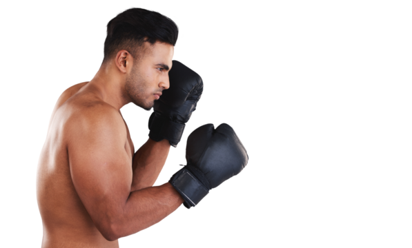 Fitness, boxer and man with gloves and focus isolated on transparent, png background in power, fist and competition. Sports, exercise and boxing of young person in training, MMA or martial arts fight - Powered by Adobe