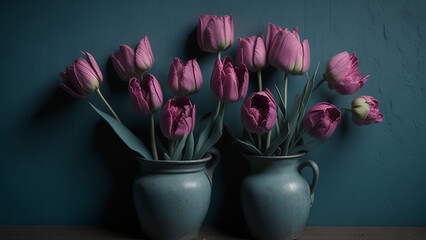 Bouquet of purple tulips in vases on a blue background.