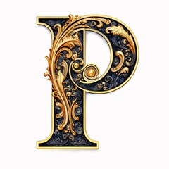 Gothic font letter p with black and gold trimming