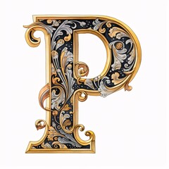 Gothic font letter p with black and gold trimming