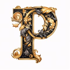 Gothic font letter p with black and gold trimming