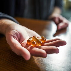 Hand with capsules, taking medicine, vitamin replenishment concept, supplementation and health, Generative AI