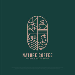 Nature Coffee logo design vector, vintage Outdoor coffee logo illustration with outline style, best for restaurant, beverages logo brand