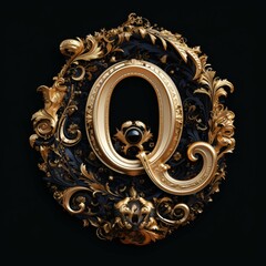 Gothic font letter q with black and gold trimming