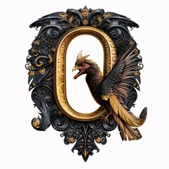 Gothic font letter q with black and gold trimming