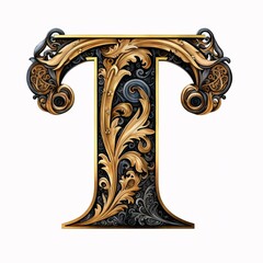 Gothic font letter t with black and gold trimming