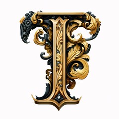 Gothic font letter t with black and gold trimming