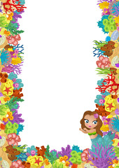 cartoon scene with coral reef and happy fishes swimming near mermaid princess isolated illustration for children