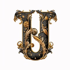 Gothic font letter u with black and gold trimming - obrazy, fototapety, plakaty