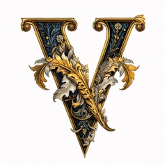 Gothic font letter v with black and gold trimming