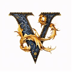 Gothic font letter v with black and gold trimming