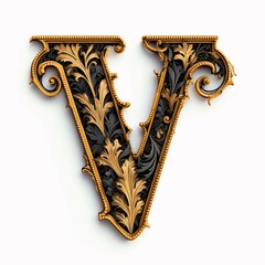Gothic font letter v with black and gold trimming