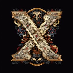 Gothic font letter x with black and gold trimming