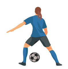 Vector isolated figure of a women's football girl player in a blue sports uniform stands with her back and catches the ball