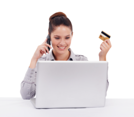 Ecommerce, woman with laptop and credit card on a phone call isolated against a transparent png background with smile. Online shopping or technology, cellphone and female person with bank information