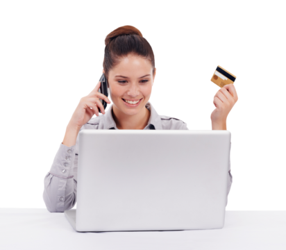 Ecommerce, woman with laptop and credit card on a phone call isolated against a transparent png background with smile. Online shopping or technology, cellphone and female person with bank information