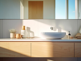 Naklejka na ściany i meble Realistic interior mockup bathroom ceramic sink basin or wash basin with mirror and faucet. modern minimal design. Generative AI