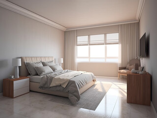 Minimal bedroom interior with Home decoration mock up. Cozy coastal stylish, furniture, comfortable bed, Modern design background. Generative AI.