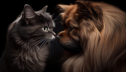 Grey fluffy domestic cat and a dog with long hair, Generative AI