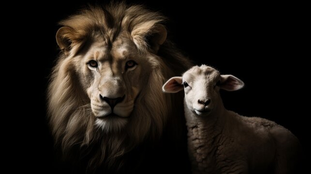 THE LION AND THE LAMB AS A SYMBOL OF FRIENDSHIP. IMAGE ON BLACK BACKGROUND. GENERATIVE AI.