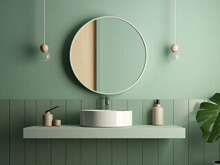 Realistic interior mockup bathroom ceramic sink basin or wash basin with mirror and faucet. modern minimal design. Generative AI - obrazy, fototapety, plakaty