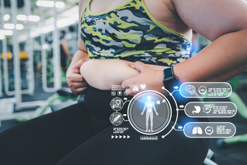 Fat Woman and weight control with virtual graphic icon diagram. nutritionist doctor takes care of the patient eating habits. weight control with medical technology. Dieting, Weight Loss, Obesity