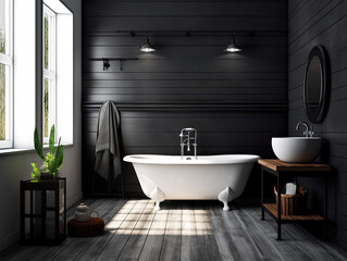 Obraz na płótnie Canvas Realistic interior design bathroom with bathtub. modern minimal design. Generative AI