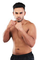 Fist, fight and strong man in portrait for sports, MMA or martial arts training, competition or power. Fitness, workout and athlete or person in boxing exercise isolated on transparent png background