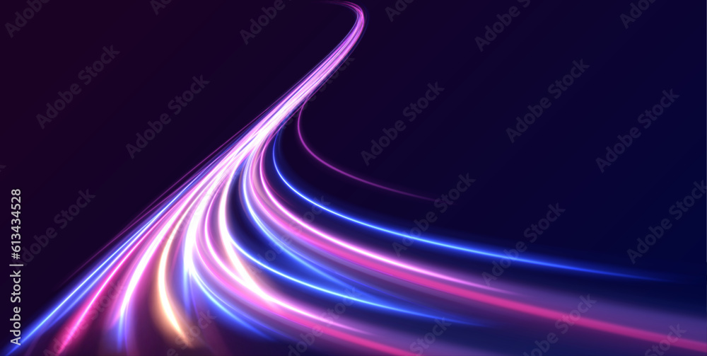 Poster futuristic neon light line trails. bright sparkling background. abstract wavy line of light with a t