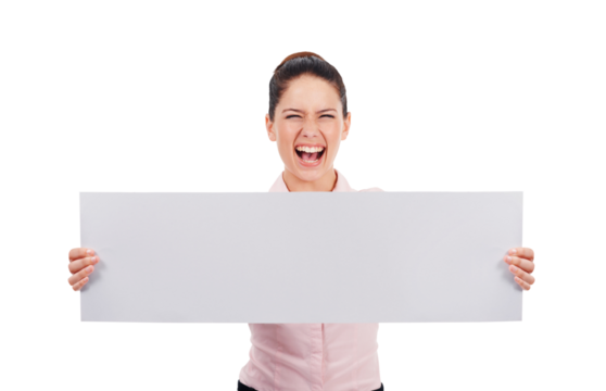 Blank banner, excited and business woman isolated on transparent, png background. Female person scream and proud of mockup poster, board and announcement or advertising sign to celebrate winner