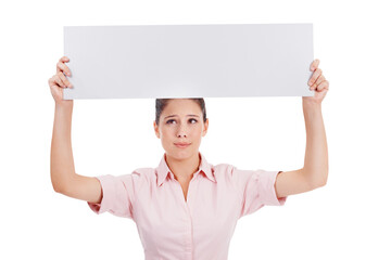 Blank banner, unsure and confused woman isolated on a transparent, png background. Business person with mockup poster, board and announcement or advertising sign in hands for bad review or feedback