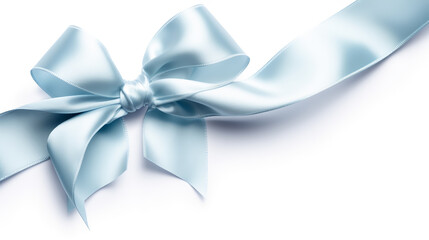 Beautiful light blue ribbon with bow isolated on white background. Generative AI
