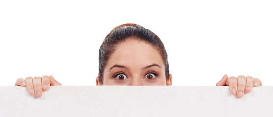 Surprise, eyes and woman with banner, poster or blank paper for mockup on transparent, isolated or...