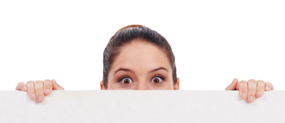 Surprise, eyes and woman with banner, poster or blank paper for mockup on transparent, isolated or png background. Face, portrait and shocked or wow expression for announcement, news or information
