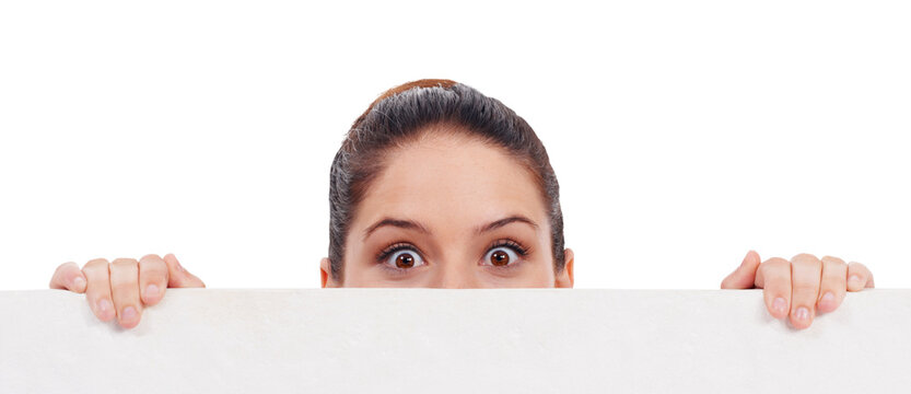 Surprise, eyes and woman with banner, poster or blank paper for mockup on transparent, isolated or png background. Face, portrait and shocked or wow expression for announcement, news or information