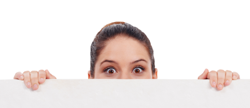 Surprise, eyes and woman with banner, poster or blank paper for mockup on transparent, isolated or png background. Face, portrait and shocked or wow expression for announcement, news or information