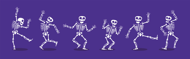 Fototapeta na wymiar Skeletons dancing with different positions flat style design vector illustration set. Funny dancing Halloween or Day of the dead skeletons collection. Creepy, scary human bones characters silhouettes.
